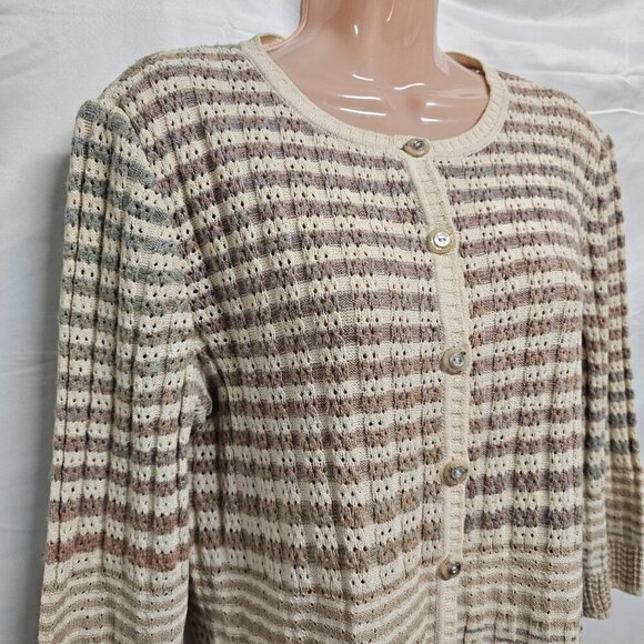 St. John Sport Button Up 3/4 Sleeve Heathered Women Size L Striped - Picture 2 of 16